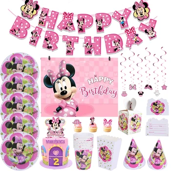 Disney Minnie Mouse Narodeninovej party Jednorázový riad dekorácie diy baby sprcha strany výročie balón štítok pohár dodávky