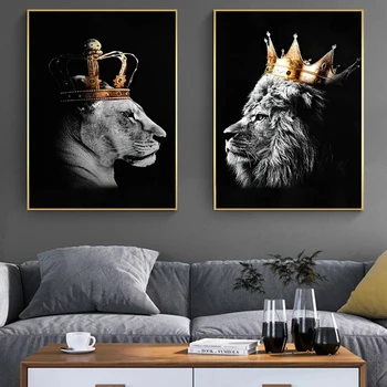 Black White Lion King Kráľovná Maľovanie Na Stenu Umenie Zvierat Plátno Plagáty a Vytlačí Nordic Obrázok Pre Obývacia Izba Domova