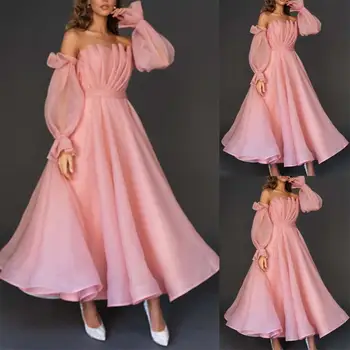 14133#Vintage Blush Pink Organza Formálnej Strany Šaty Záhybov Lístkového Dlhé Rukávy Ramienok Členok Dĺžka Ženy Večerné Šaty Prom