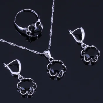 Romantický Kolo Black Cubic Zirconia Strieborné Pozlátené Šperky, Náušnice, Sety Prívesok Reťazca Krúžok V0982