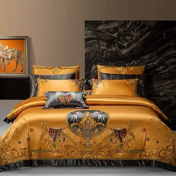 Európske Aristokratické Zlato Vintage Brocade Egyptskej Bavlny Luxusné Vyšívané Posteľné Prádlo Set Prikrývka Kryt Posteľná Bielizeň Prehoz Cez Posteľ