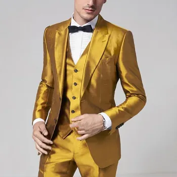 2022 Nový Príchod Zlatožlté Satin Muži Obleky Slim Fit Prom Party Stage Výkon Kostýmy Ternos Slávnostné Obleky Mužov, 3 Kusy