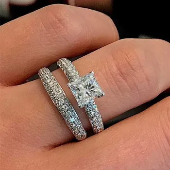 Huitan Luxusné Princezná Námestie Cubic Zirconia Nastaviť Prstene pre Ženy Šumivé Módne Svadobné Party Ženské Príslušenstvo Nové Šperky