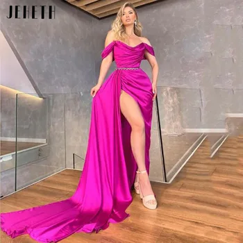 JEHETH Sexy a Hot Pink Ramena Satin Morská víla Večerné Šaty 2022 Vysokej Strane Split Prom Party Šaty Celebrít šaty de soirée