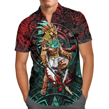 Mexiko Aztec Bojovník 3D Beach Havajské Lete Mužov Tričko Krátky Rukáv Tričko Streetwear Nadrozmerné 5XL Camisa Sociálne Košieľka Homme