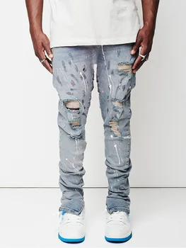 Nový Dizajn Mužov Jeans Man farba Slim Fit Bavlna Roztrhlo Džínsové nohavice Koleno Duté Sa Svetlo modré Džínsy pre Mužov Streetwear