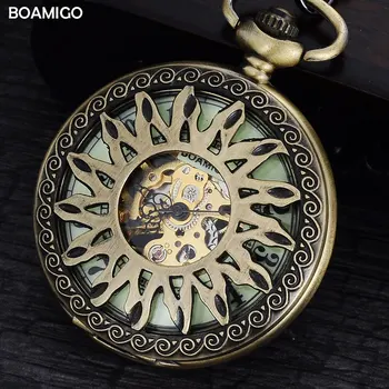 FOB mužov vreckové hodinky starožitné mechanické hodinky BOAMIGO kostra rímske číslo hodinky medi kvet dizajn hodiny reloj hombre