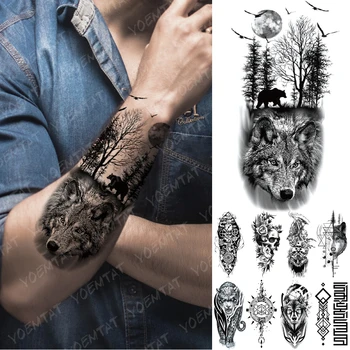 Nepremokavé Dočasné Tetovanie Nálepky Lesa Mesiac Lietajúci Vták, Medveď Flash Tetovanie Leopard Vlk, Tiger Body Art Rameno Falošné Tetovanie Mužov