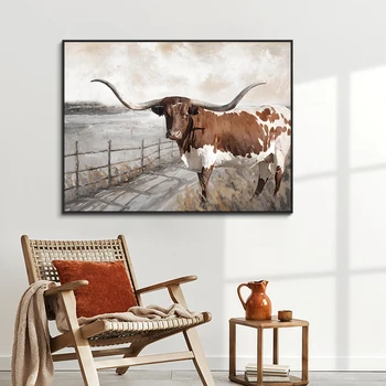 Plátno Art Print Big Horn Krava Domáce Dekorácie Maľby Zvierat Plagát na Stenu Umenie Obrázok pre Obývacia Izba Dekorácie Plátno
