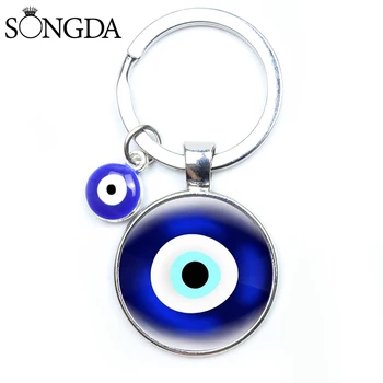 Modrá Turecký Zlým Okom Tvorivé Keychain Amulet Zlo Evil Eye Kúzlo Cabochon Sklo Kovové Keyring Šťastie Taška Prívesok Šperky, Darčeky