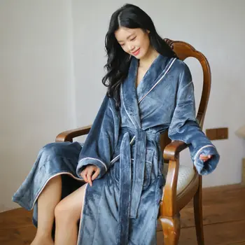 Pribrala Flanelové Pár Kimono Župan Šaty Sleepwear Jeseň Zima Coral Fleece Nightgown Plavky Voľné Bežné Domáce Šaty