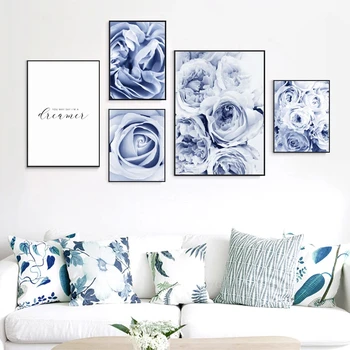 Nordic Elegantný Modrý Kvet Ruže Zblízka Wall Art Obrazy Na Plátne Maľovanie Plagátu Tlače Pre Salón Obývacej Miestnosti Dekorácie