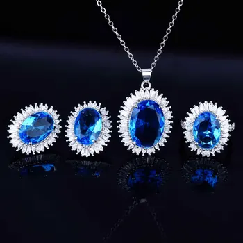 Luxusné Elegantné Tanzanite Napodobňované Sapphire Ženy Šperky Set Strieborná Farba Otvoriť Krúžok Náhrdelník Vintage Náušnice Strany Príslušenstvo