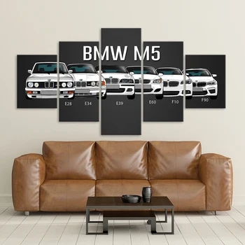 Vytlačené plátno Plagát Domova 5 Kusov HD Bmw M3 M5 Biele Športové Auto Maľby Nástenné Art Obrázky Obývacia Izba Modulárny Rámovanie