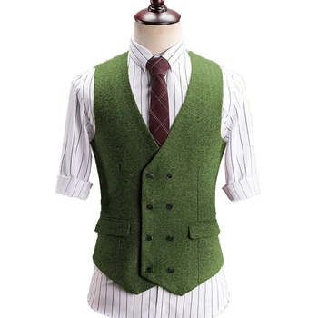Pánske Oblek Vesta Zelená Čierna Svadobné Vlna Tweed Business Vestu Bežné Nosenie V Krku Dvojité Breasted Vesty Pre Groomsmen 2022